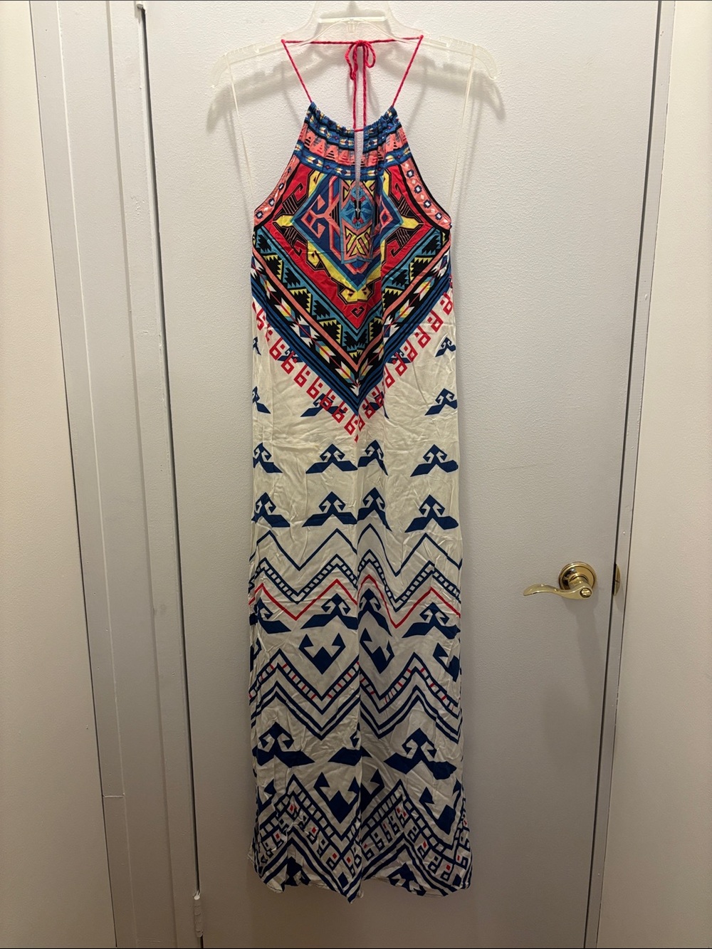 Halter Maxi Dress in White with Multi-Color Tribal Print